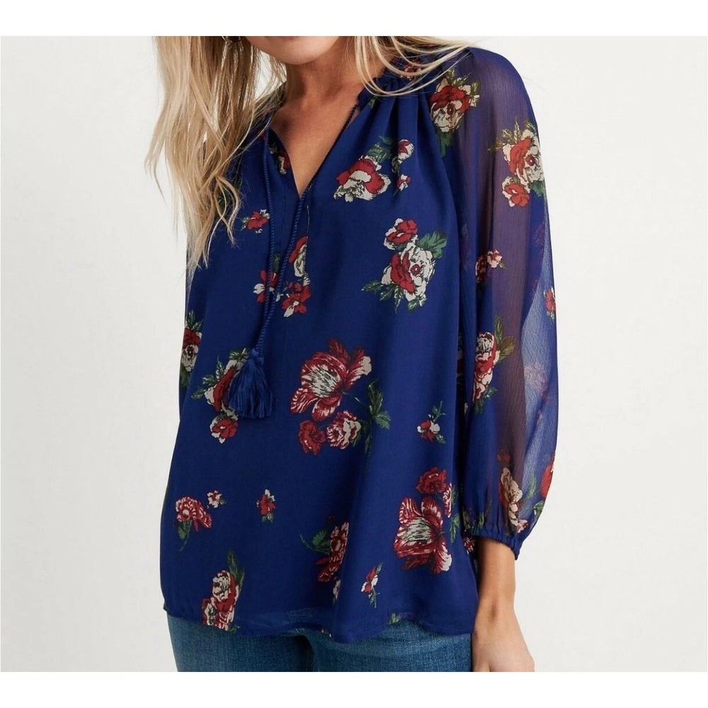 Lucky Brand Blue Floral Peasant Blouse Tassel V-Neck Boho Top Small
